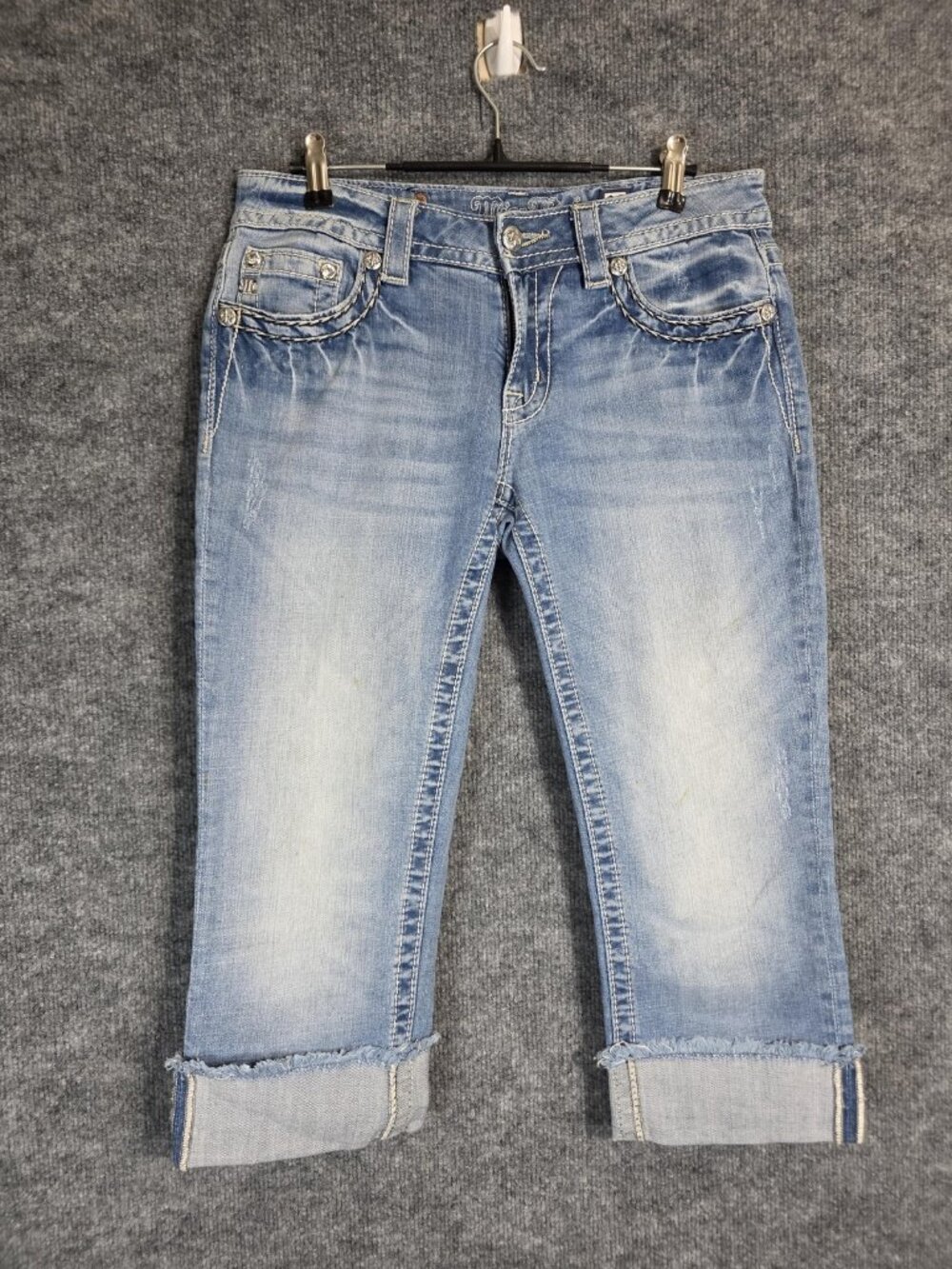 Miss Me Jeans Womens 29 Blue Signature Cuffed Capri Distressed Rhinestone Stains